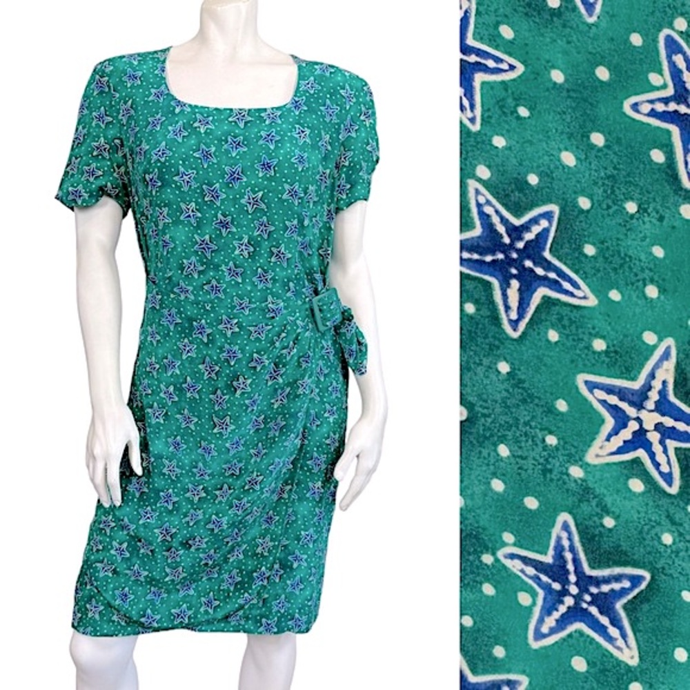 VINTAGE 90’s Liz Claiborne Green Blue Silk Starfish Print Faux Wrap Mini Dress